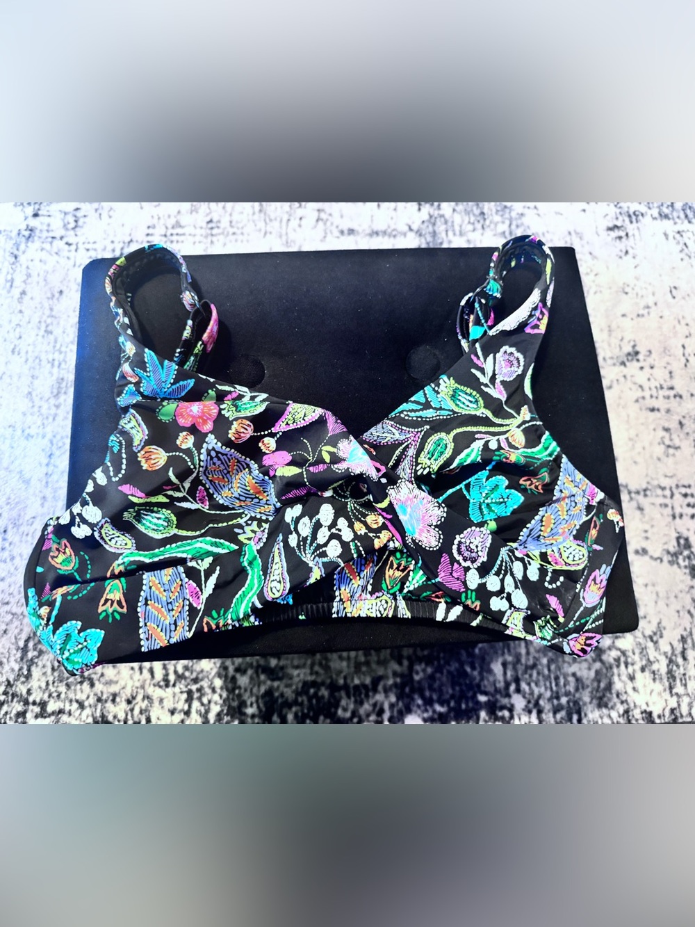VENUS Black Floral Print Swim Top with Multicolor Embroidery